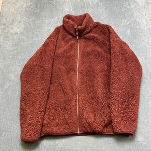 Uniqlo Fluffy Yarn Fleece Jacket Womens Large Maroon Full Zip Mock Neck Winter